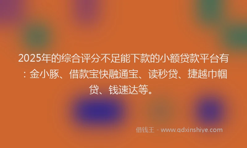 2025年的综合评分不足能下款的小额贷款平台有：金小豚、借款宝快融通宝、读秒贷、捷越巾帼贷、钱速达等。