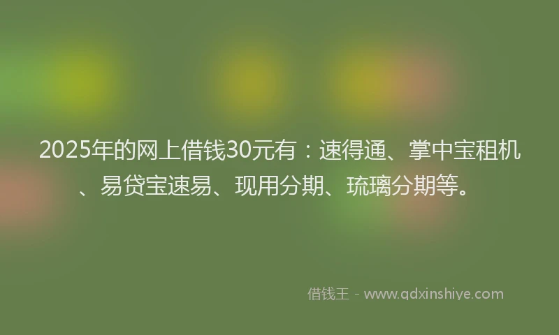 2025年的网上借钱30元有：速得通、掌中宝租机、易贷宝速易、现用分期、琉璃分期等。