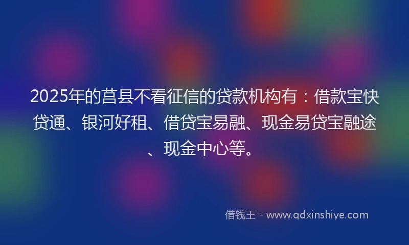 2025年的莒县不看征信的贷款机构有：借款宝快贷通、银河好租、借贷宝易融、现金易贷宝融途、现金中心等。