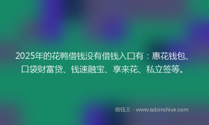 2025年的花鸭借钱没有借钱入囗有：惠花钱包、口袋财富贷、钱速融宝、享来花、私立签等。