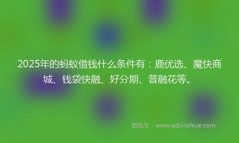 2025年的蚂蚁借钱什么条件有：鹿优选、魔快商城、钱袋快融、好分期、普融花等。