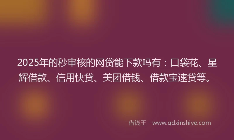 2025年的秒审核的网贷能下款吗有：口袋花、星辉借款、信用快贷、美团借钱、借款宝速贷等。