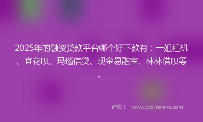 2025年的融资贷款平台哪个好下款有：一姐租机、宜花呗、玛瑙信贷、现金易融宝、林林借呗等。
