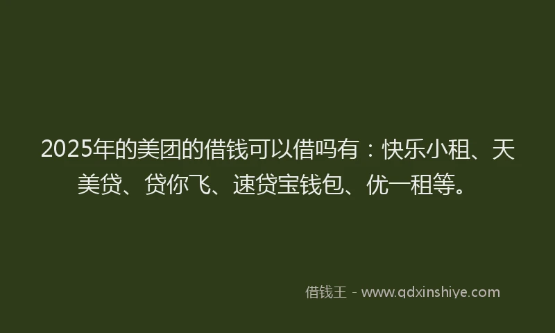 2025年的美团的借钱可以借吗有：快乐小租、天美贷、贷你飞、速贷宝钱包、优一租等。
