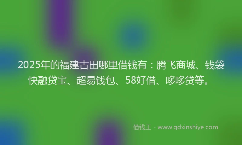 2025年的福建古田哪里借钱有：腾飞商城、钱袋快融贷宝、超易钱包、58好借、哆哆贷等。