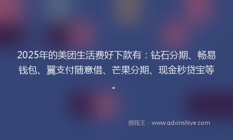 2025年的美团生活费好下款有：钻石分期、畅易钱包、翼支付随意借、芒果分期、现金秒贷宝等。