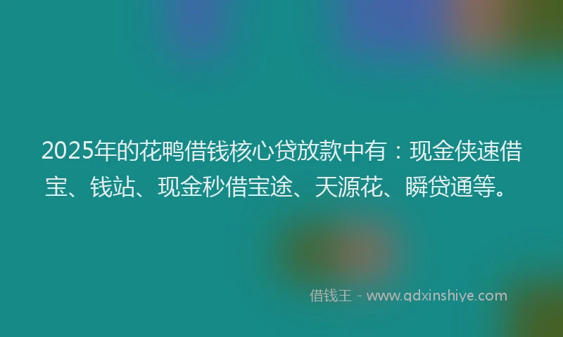 2025年的花鸭借钱核心贷放款中有：现金侠速借宝、钱站、现金秒借宝途、天源花、瞬贷通等。