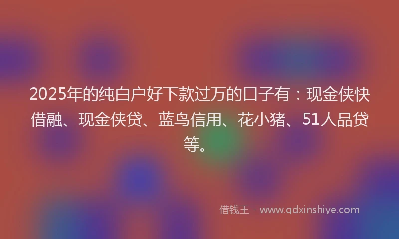 2025年的纯白户好下款过万的口子有：现金侠快借融、现金侠贷、蓝鸟信用、花小猪、51人品贷等。