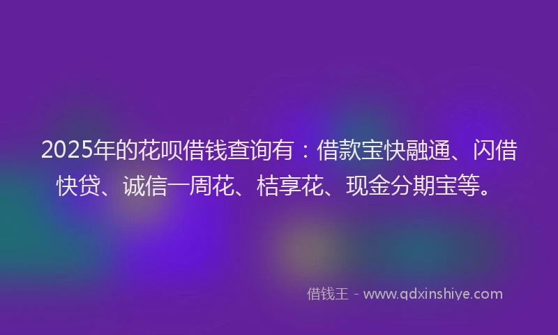 2025年的花呗借钱查询有：借款宝快融通、闪借快贷、诚信一周花、桔享花、现金分期宝等。