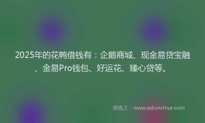 2025年的花鸭借钱有：企鹅商城、现金易贷宝融、金易Pro钱包、好运花、臻心贷等。
