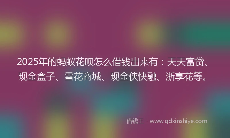2025年的蚂蚁花呗怎么借钱出来有：天天富贷、现金盒子、雪花商城、现金侠快融、浙享花等。