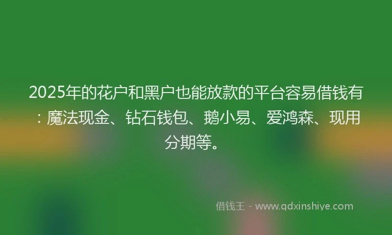2025年的花户和黑户也能放款的平台容易借钱有：魔法现金、钻石钱包、鹅小易、爱鸿森、现用分期等。