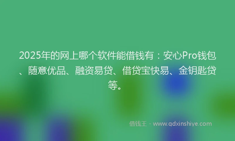 2025年的网上哪个软件能借钱有：安心Pro钱包、随意优品、融资易贷、借贷宝快易、金钥匙贷等。