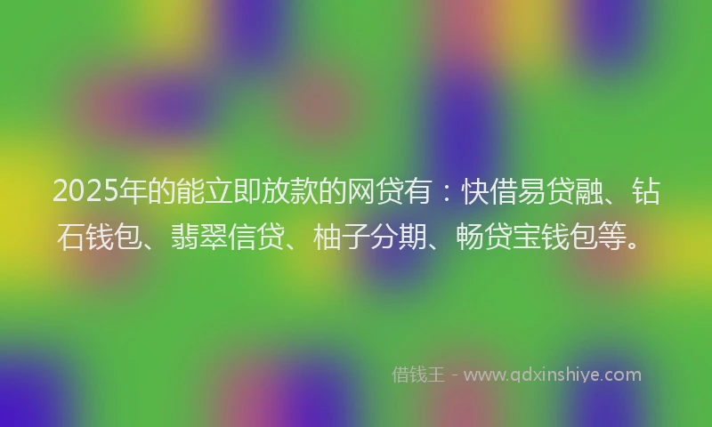2025年的能立即放款的网贷有：快借易贷融、钻石钱包、翡翠信贷、柚子分期、畅贷宝钱包等。