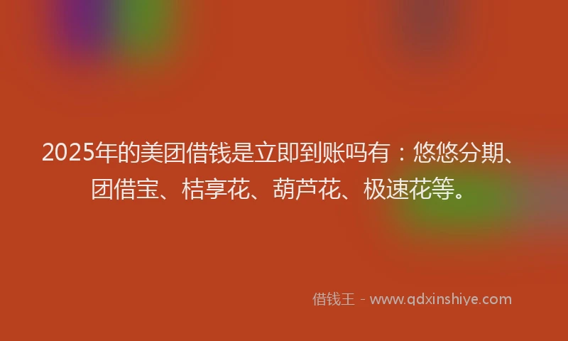 2025年的美团借钱是立即到账吗有：悠悠分期、团借宝、桔享花、葫芦花、极速花等。