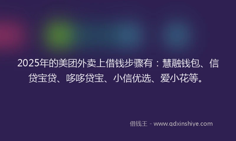 2025年的美团外卖上借钱步骤有：慧融钱包、信贷宝贷、哆哆贷宝、小信优选、爱小花等。