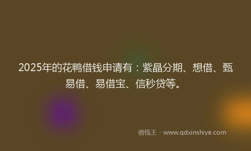 2025年的花鸭借钱申请有：紫晶分期、想借、甄易借、易借宝、信秒贷等。