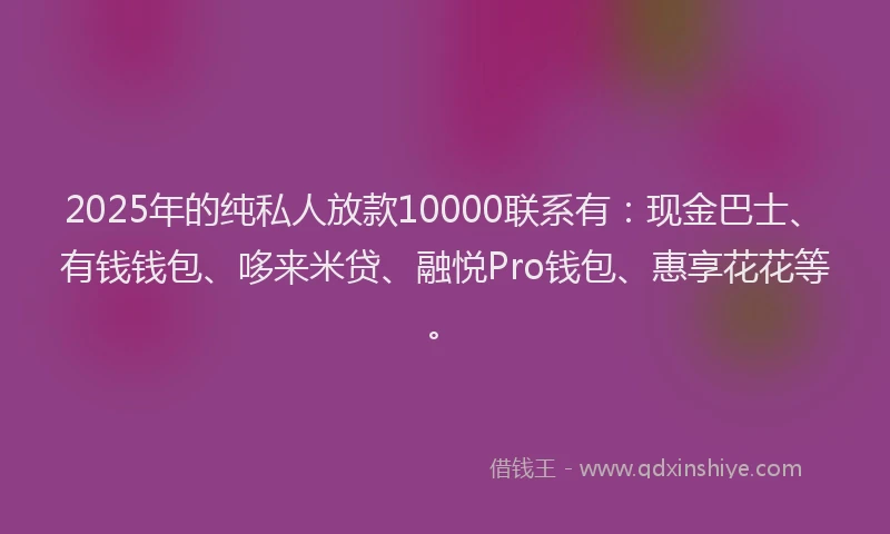 2025年的纯私人放款10000联系有：现金巴士、有钱钱包、哆来米贷、融悦Pro钱包、惠享花花等。
