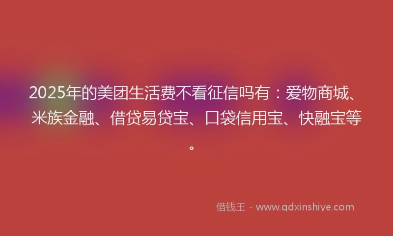 2025年的美团生活费不看征信吗有：爱物商城、米族金融、借贷易贷宝、口袋信用宝、快融宝等。