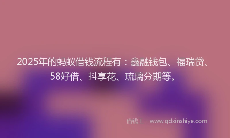 2025年的蚂蚁借钱流程有：鑫融钱包、福瑞贷、58好借、抖享花、琉璃分期等。