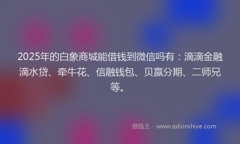 2025年的白象商城能借钱到微信吗有：滴滴金融滴水贷、牵牛花、信融钱包、贝赢分期、二师兄等。