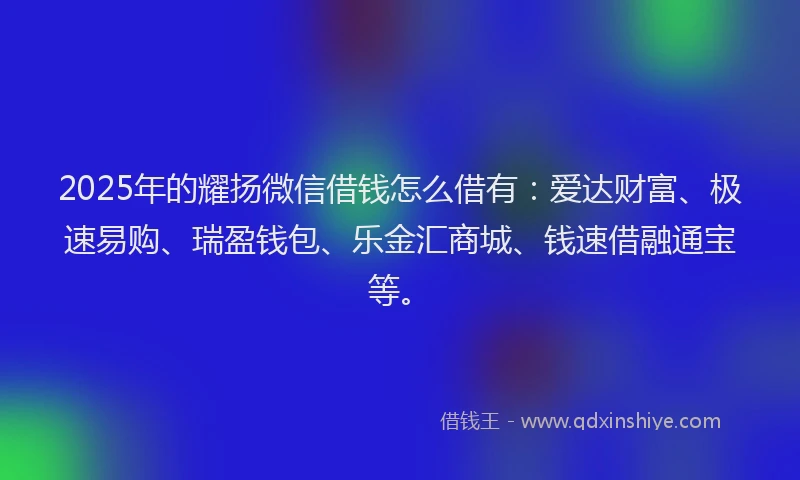 2025年的耀扬微信借钱怎么借有：爱达财富、极速易购、瑞盈钱包、乐金汇商城、钱速借融通宝等。