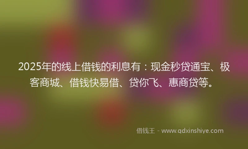 2025年的线上借钱的利息有：现金秒贷通宝、极客商城、借钱快易借、贷你飞、惠商贷等。