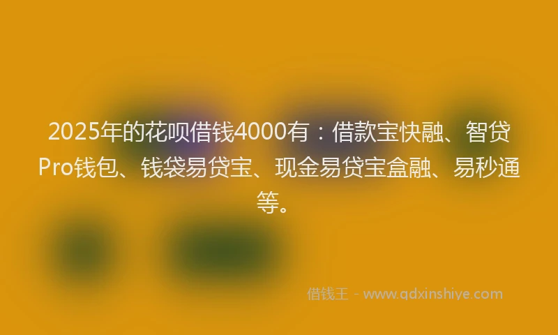 2025年的花呗借钱4000有：借款宝快融、智贷Pro钱包、钱袋易贷宝、现金易贷宝盒融、易秒通等。