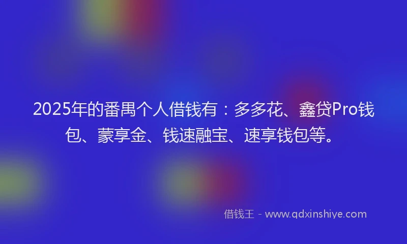2025年的番禺个人借钱有：多多花、鑫贷Pro钱包、蒙享金、钱速融宝、速享钱包等。