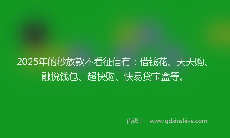 2025年的秒放款不看征信有：借钱花、天天购、融悦钱包、超快购、快易贷宝盒等。