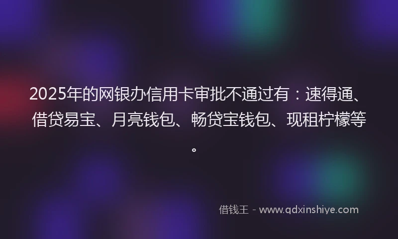 2025年的网银办信用卡审批不通过有：速得通、借贷易宝、月亮钱包、畅贷宝钱包、现租柠檬等。