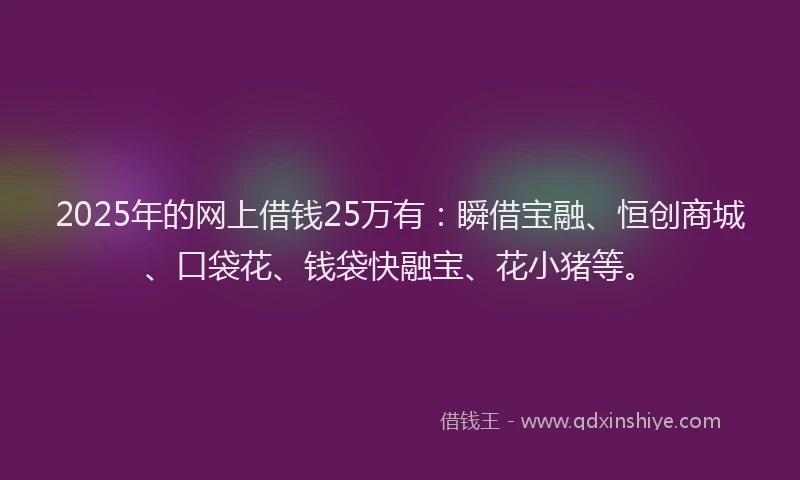 2025年的网上借钱25万有：瞬借宝融、恒创商城、口袋花、钱袋快融宝、花小猪等。