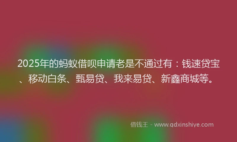 2025年的蚂蚁借呗申请老是不通过有：钱速贷宝、移动白条、甄易贷、我来易贷、新鑫商城等。