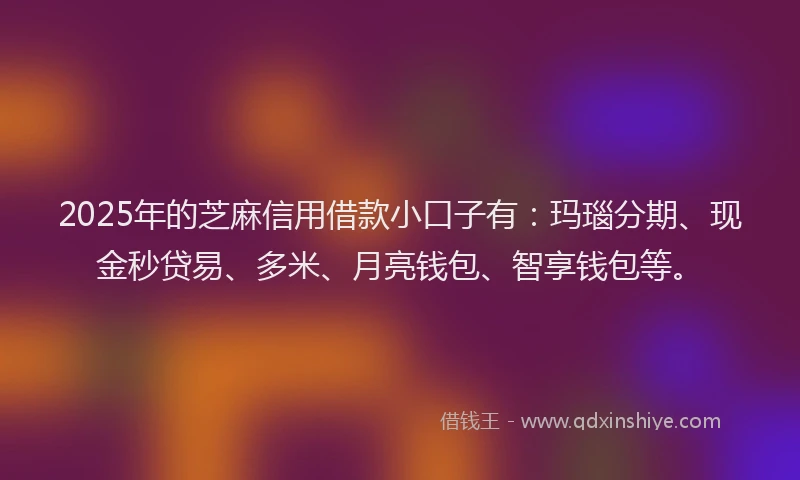 2025年的芝麻信用借款小口子有：玛瑙分期、现金秒贷易、多米、月亮钱包、智享钱包等。