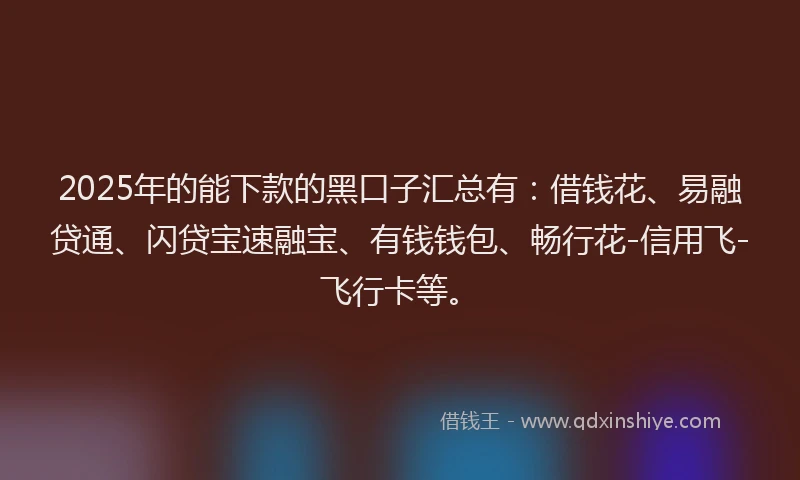 2025年的能下款的黑口子汇总有：借钱花、易融贷通、闪贷宝速融宝、有钱钱包、畅行花-信用飞-飞行卡等。