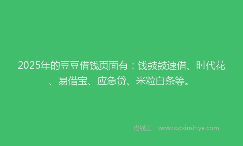 2025年的豆豆借钱页面有：钱鼓鼓速借、时代花、易借宝、应急贷、米粒白条等。