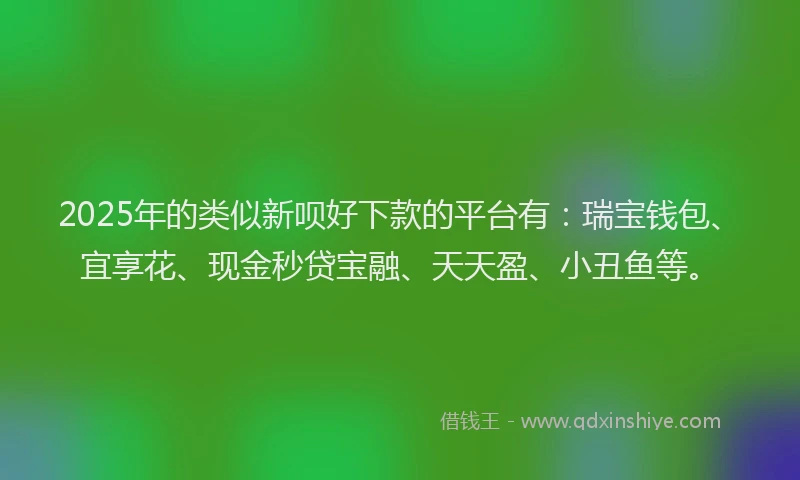 2025年的类似新呗好下款的平台有：瑞宝钱包、宜享花、现金秒贷宝融、天天盈、小丑鱼等。