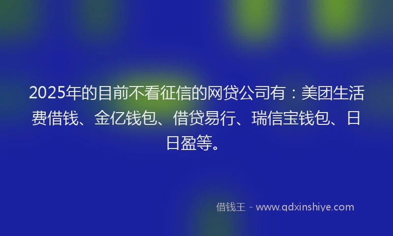 2025年的目前不看征信的网贷公司有：美团生活费借钱、金亿钱包、借贷易行、瑞信宝钱包、日日盈等。