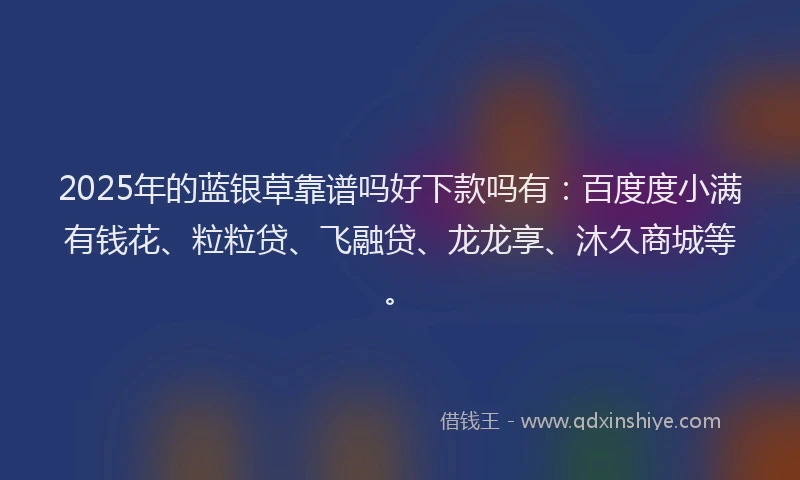 2025年的蓝银草靠谱吗好下款吗有：百度度小满有钱花、粒粒贷、飞融贷、龙龙享、沐久商城等。