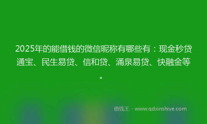 2025年的能借钱的微信昵称有哪些有：现金秒贷通宝、民生易贷、信和贷、涌泉易贷、快融金等。