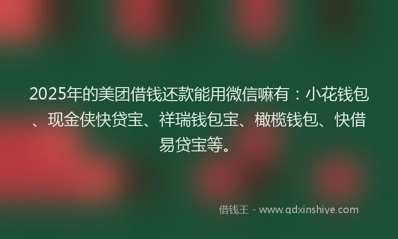 2025年的美团借钱还款能用微信嘛有：小花钱包、现金侠快贷宝、祥瑞钱包宝、橄榄钱包、快借易贷宝等。