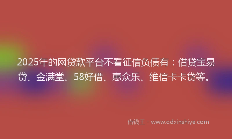 2025年的网贷款平台不看征信负债有：借贷宝易贷、金满堂、58好借、惠众乐、维信卡卡贷等。