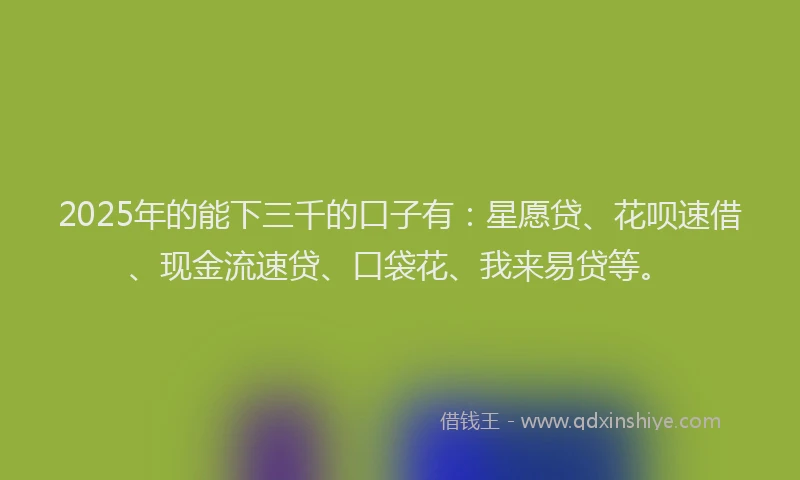 2025年的能下三千的口子有：星愿贷、花呗速借、现金流速贷、口袋花、我来易贷等。