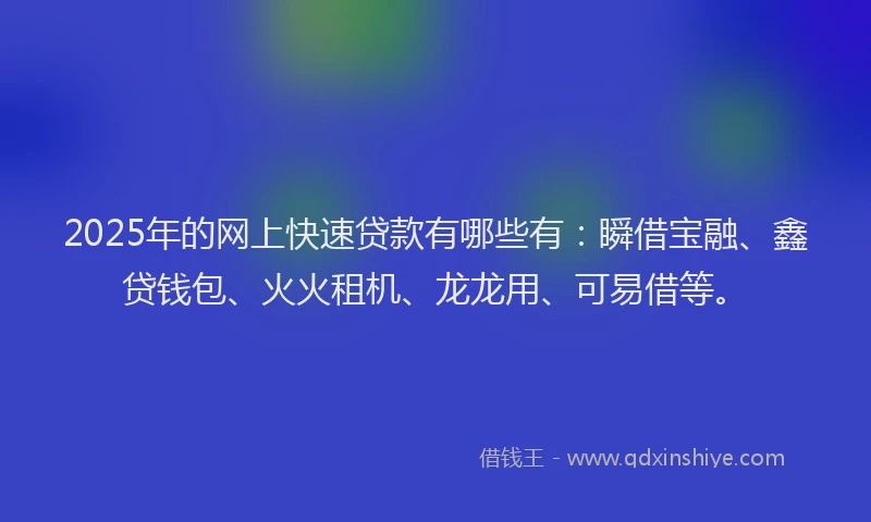 2025年的网上快速贷款有哪些有：瞬借宝融、鑫贷钱包、火火租机、龙龙用、可易借等。