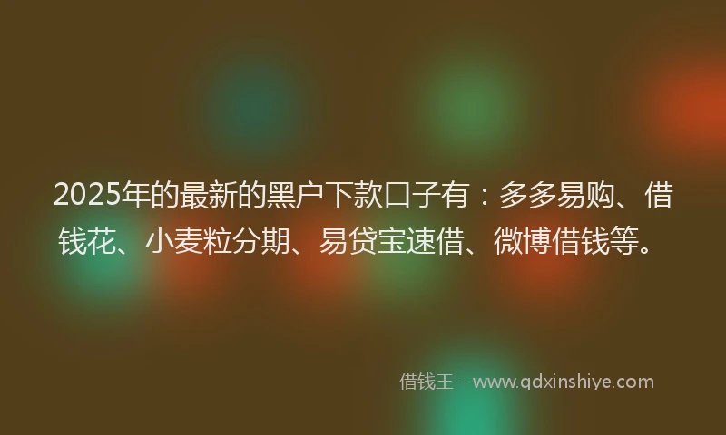 2025年的最新的黑户下款口子有：多多易购、借钱花、小麦粒分期、易贷宝速借、微博借钱等。