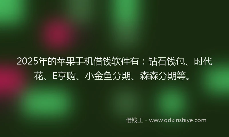 2025年的苹果手机借钱软件有：钻石钱包、时代花、E享购、小金鱼分期、森森分期等。