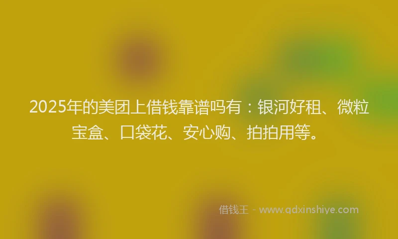 2025年的美团上借钱靠谱吗有：银河好租、微粒宝盒、口袋花、安心购、拍拍用等。