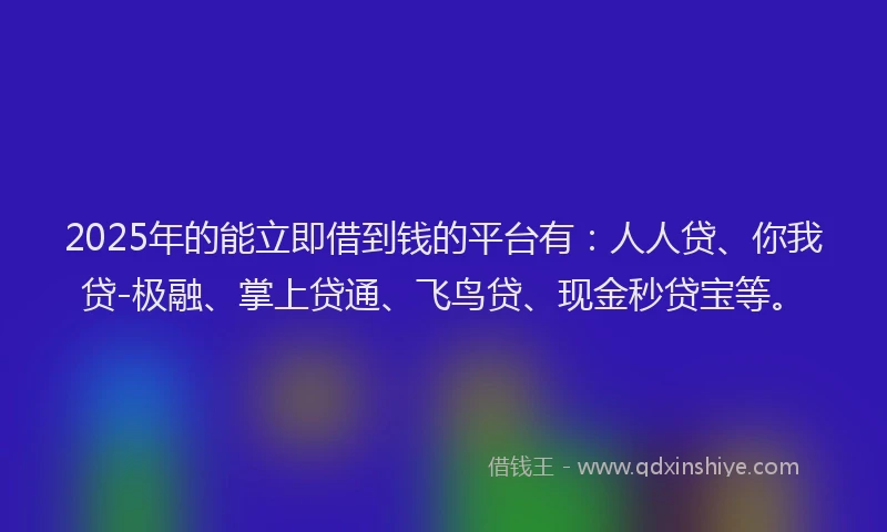 2025年的能立即借到钱的平台有：人人贷、你我贷-极融、掌上贷通、飞鸟贷、现金秒贷宝等。