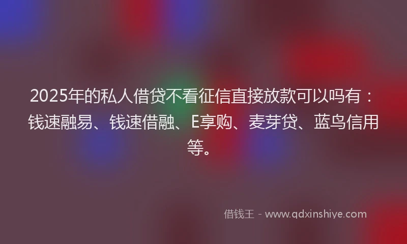 2025年的私人借贷不看征信直接放款可以吗有：钱速融易、钱速借融、E享购、麦芽贷、蓝鸟信用等。