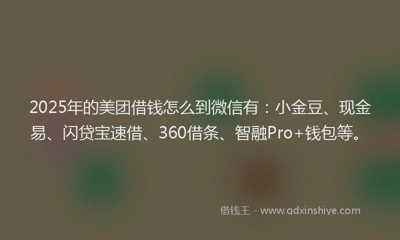 2025年的美团借钱怎么到微信有：小金豆、现金易、闪贷宝速借、360借条、智融Pro+钱包等。